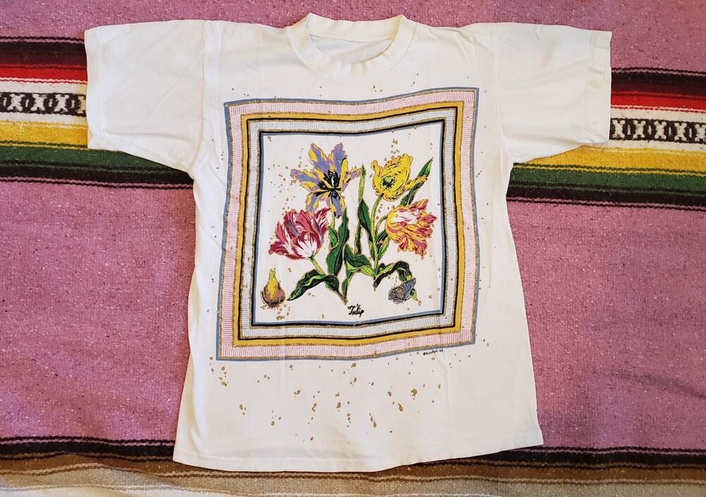 Vintage 1994 Fun Art Single Stitch Tulip Flower Glitter Frame Shirt